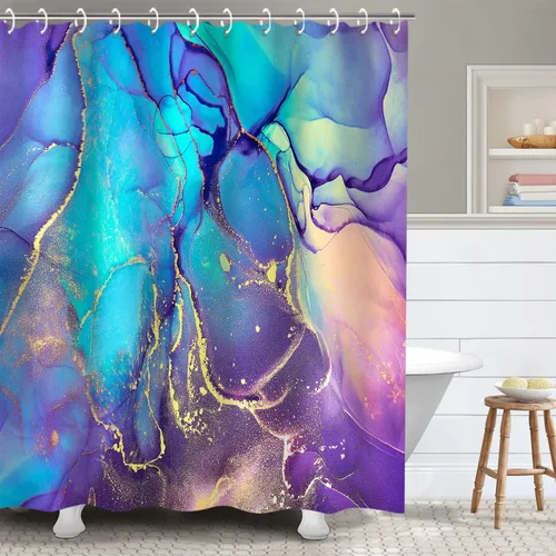 RosieLily Cortina de ducha de mármol morado, cortina de baño abstracta azul, juego de cortinas de ducha coloridas degradadas con 12 ganchos,