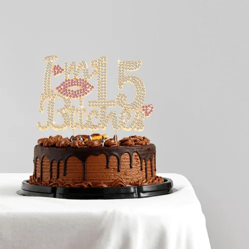 Miniatura 7 de ¡Soy el topper de pastel de cumpleaños número 15 divertido en oro y rosa con strass - ¡Feliz cumpleaños número 15, saludos a los quince años!