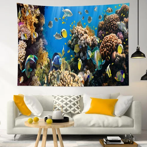 LB Tapiz de pared de vida submarina con peces tropicales coloridos y plantas de coral para dormitorio, decoración estética de naturaleza, arte de