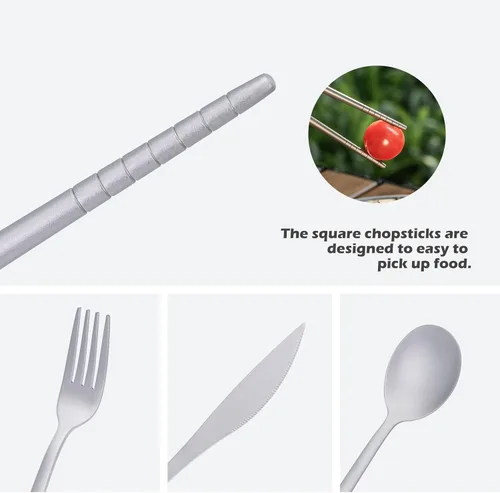Miniatura 8 de Boundless Voyage Juego de cubiertos de titanio portátil para acampar, palillos, cuchillo, tenedor, cuchara, juego para viajes en casa