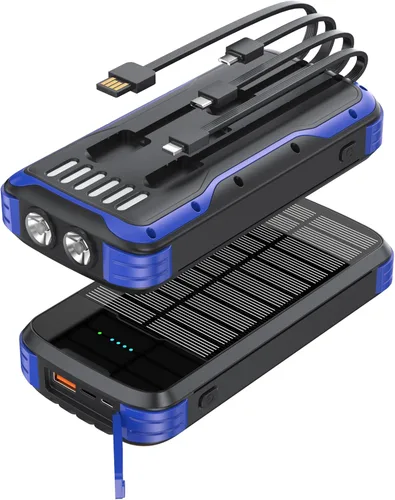 Miniatura 11 de MINRISE Banco de energía solar de 40000 mAh, cargador portátil PD de 20 W, cargador solar de carga rápida, cargador solar integrado con 4 cables
