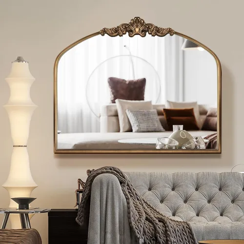 Miniatura 6 de OUSHUAI - Espejo arqueado dorado antiguo, bronce victoriano con marco de metal completo, espejo de pared arqueado para entrada/baño/chimenea 36"X30
