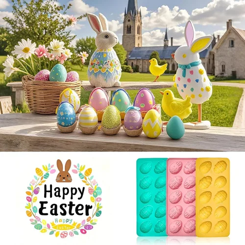 Miniatura 7 de Moldes de gelatina de huevo de Pascua, paquete de 3 moldes de chocolate con forma de conejo, molde de silicona para golosinas de chocolate, dulces