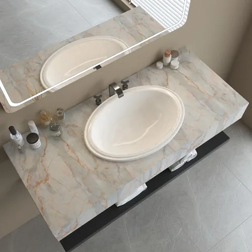 Miniatura 3 de 3yecao Papel tapiz de mármol azul dorado grueso de 16"×118", despegar y pegar, papel de contacto de mármol brillante para salpicaderos, encimeras