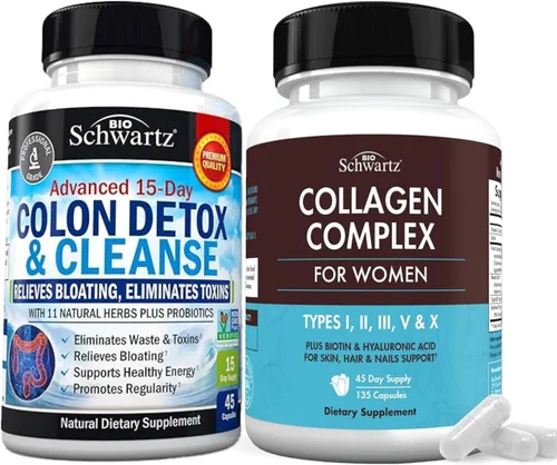 BioSchwartz Limpieza de 15 días para la salud del colon y el intestino más cápsulas de péptido de colágeno hidrolizado (suministro para 45 días)
