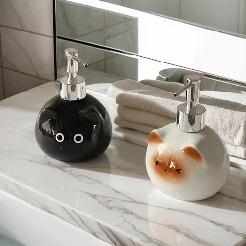 Miniatura 7 de Dispensador de jabón de cerámica para gatos con bomba de acero inoxidable, perfecto para jabón de platos, jabón líquido, dispensador de jabón