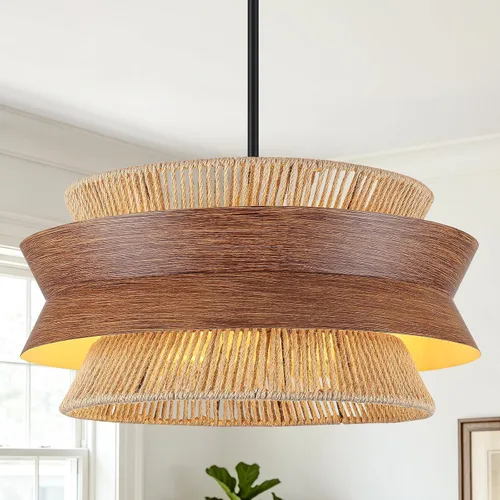 Miniatura 9 de Lámpara de araña de ratán tejida a mano de 19.7 pulgadas para comedor, lámpara bohemia de granja de 4 luces con textura de madera, lámpara colgante