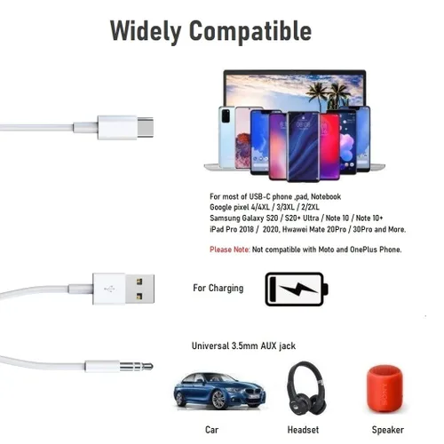 Miniatura 5 de Cable USB C a conector auxiliar de audio de 0.138 in con cable de carga Compatible con iPhone 17/16/15/Samsung Galaxy S20/S20, puerto tipo C