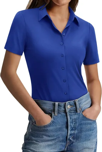 Miniatura 8 de Gleeivy Camisas con botones para mujer, ajustadas, de manga corta, elásticas, para el trabajo, sin arrugas, blusas de oficina