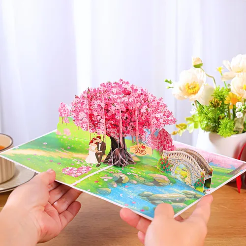 Miniatura 3 de Tarjetas de aniversario desplegables, flores de cerezo en 3D y pareja enamorada, San Valentín, tarjetas de boda para esposa, marido, ella, él