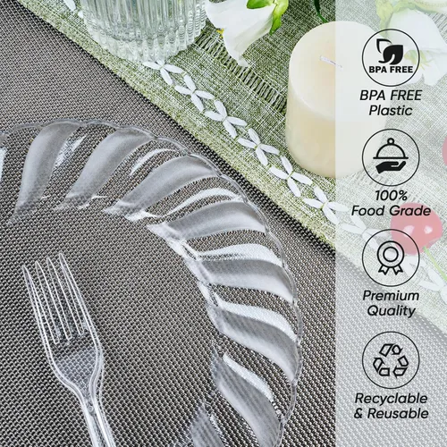 Miniatura 8 de FOCUSLINE 100 unidades de platos de plástico transparente de 9 pulgadas, platos de cena desechables resistentes - Platos de plástico duro