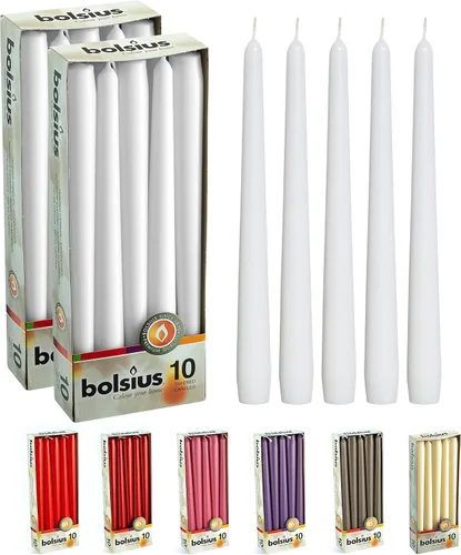 BOLSIUS 20 velas cónicas blancas sin perfume de 10 pulgadas, 8 horas de tiempo de combustión, calidad europea premium, sin humo, sin goteo, Blanco