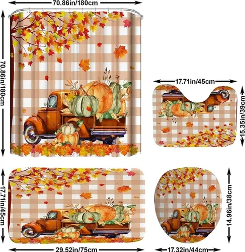 Miniatura 5 de NBVKO Juego de cortina de ducha de 4 piezas, diseño de Acción de Gracias de otoño, calabaza, camión, cortina de baño con tapete antideslizante