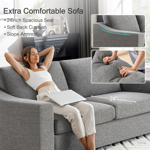 Miniatura 3 de ELUCHANG Sofá moderno de 85 pulgadas para sala de estar, sofá de lino natural de 3 plazas con asientos extra profundos, cojín tapizado y funda