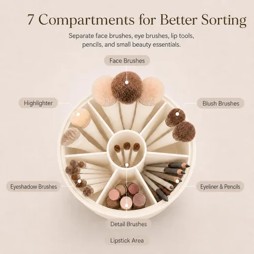 Miniatura 5 de EACHY Soporte para brochas de maquillaje giratorio de 360° con tapa a prueba de polvo, material impermeable, 7 compartimentos para almacenamiento