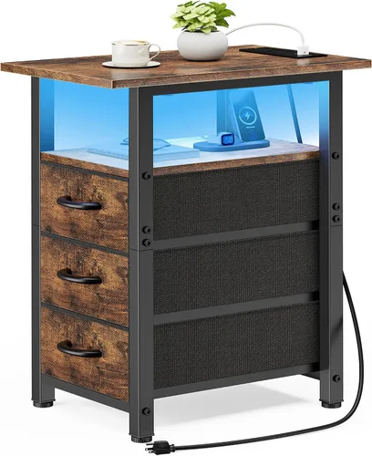Miniatura 19 de Vagusicc Mesita de noche negra con estación de carga y luces LED, mesa auxiliar estrecha, mesita de noche LED con 3 cajones de tela para dormitorio