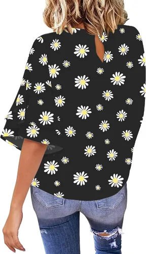 Miniatura 2 de luvamia Blusa estilo informal de mangas 34, acampanada y escalonada, cuello redondo, holgada, para mujer
