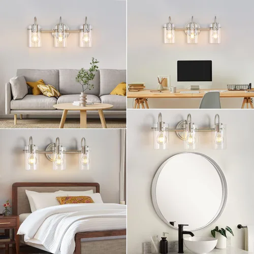 Miniatura 6 de Lámpara de tocador de 3 luces, apliques de pared de baño de níquel cepillado, lámpara de pared moderna con pantalla de vidrio transparente, lámpara