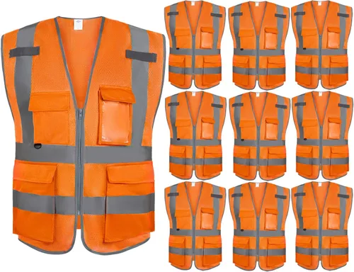 Miniatura 7 de Dazonity Chaleco de seguridad de malla de alta visibilidad con múltiples bolsillos y cremallera, apto para hombres y mujeres, trabajo, construcción