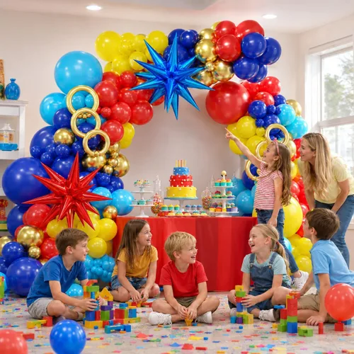 Miniatura 4 de Kit de arco de globos rojo, azul y amarillo, guirnalda de globos con temática de juegos de dibujos animados con globos de aluminio de estrella Rojo