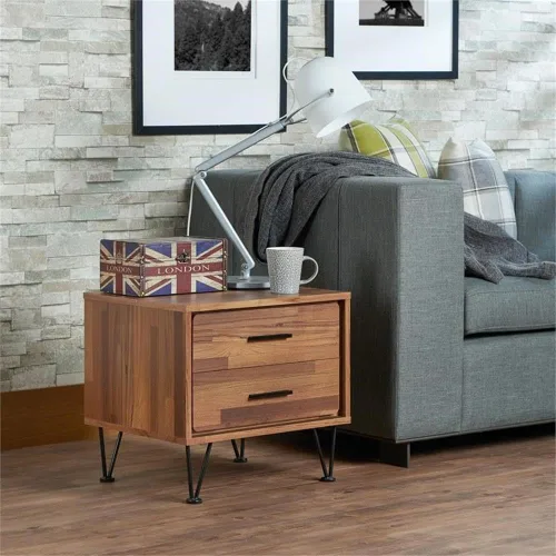 Miniatura 4 de Acme Deoss Mesita de noche rectangular de madera con 2 cajones con patas en forma de V en nogal