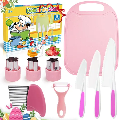 9 piezas de juego de cuchillos seguros para niños para cocina real, juego de cuchillos de cocina para niños con tabla de cortar, cortador de