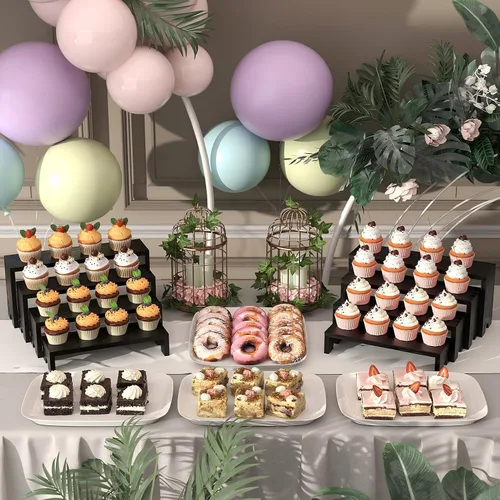 Miniatura 2 de Juego de 2 soportes elevadores escalonados grandes de madera negra para eventos de proveedores, soporte apilable de madera para cupcakes, juego