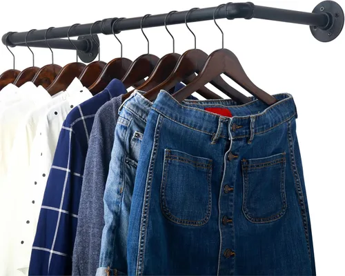 Miniatura 12 de WEBI Perchero de montaje en pared, 24 pulgadas de tubería industrial para colgar ropa, barra de hierro resistente, barra de ropa de exhibición al