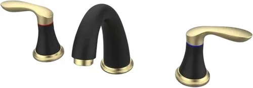 Grifo de lavabo de baño, grifo para lavabo de baño, grifo de baño negro y dorado de instalación extendida de 3 orificios con desagüe emergente de