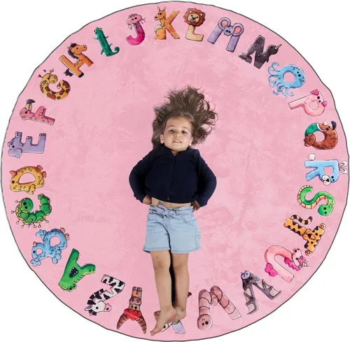 Miniatura 11 de ABC - Alfombra del alfabeto para niños, alfombra de juego redonda azul de 6 pies para niños pequeños y bebés, decoración suave para el cuarto