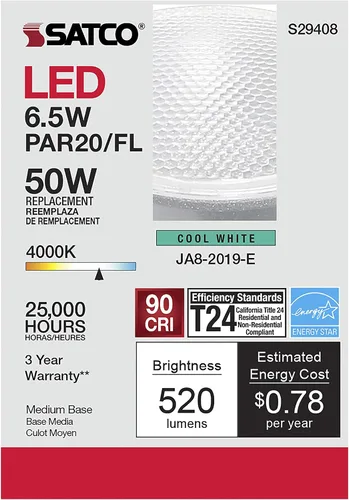 Miniatura 7 de Satco Focos reflectores LED PAR20 de 6.5 vatios y 120 voltios; blanco frío 4000 K; 520 lúmenes; ángulo de haz de 40 grados; base media E26 regulable