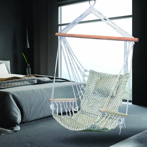 Miniatura 3 de Silla hamaca colgante con cuerda columpio, 12 patrones, tela cómoda y transpirable de calidad, para interiores y exteriores, patrón de espiga gris
