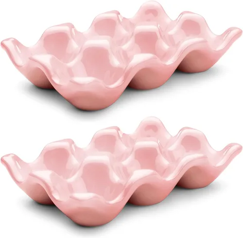 Miniatura 20 de Flexzion Organizador de huevos cerámico para nevera - Bandeja de huevos de 6 tazas, contenedor de porcelana para media docena, organizador de Gris