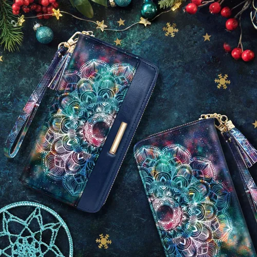 Miniatura 5 de Carteras para mujer, de piel sintética, tarjetero organizador con borla y correa de muñeca, Mándala, Casual