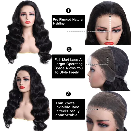 Miniatura 2 de Lemoda Pelucas completas de cabello humano virgen con encaje frontal de 13 x 4 pulgadas, ondas corporales, densidad del 210%, parte superior 15A HD
