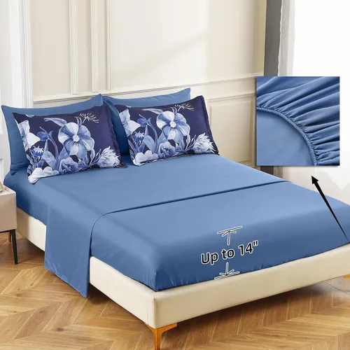Miniatura 5 de Luxudecor Juego de edredón floral tamaño King de 7 piezas, cama de flores azul marino en una bolsa, elegante edredón floral con juego de sábanas