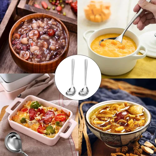 Miniatura 9 de Juego de 4 cucharas para servir de acero inoxidable, ranuradas, para banquetes de bufé y catering (TP-01)