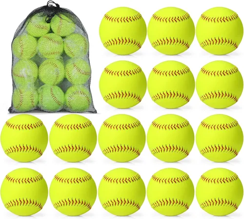 Miniatura 8 de Lewtemi Paquete de 18 pelotas de sóftbol amarillas para práctica deportiva de tamaño y peso oficial de sóftbol de lanzamiento lento con 1 bolsa