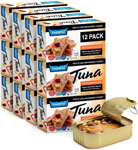 FinerFin Filetes de atún de aleta amarilla en aceite de oliva orgánico | Sabor a ensalada mexicana | Atún enlatado premium con AOVE | Filetes