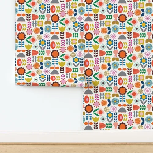 Miniatura 4 de Spoonflower Despegar y pegar papel tapiz Muestras - Mod Jardín escandinavo Scandi Arte Flores Margarita Azul Marino Naranja Rosa Vivero Floral