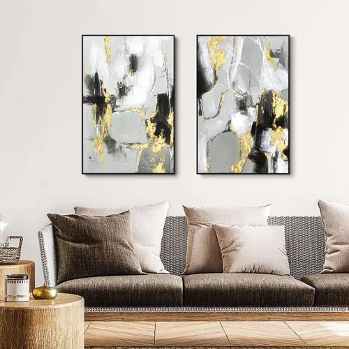 Miniatura 4 de Zessonic - Arte de pared abstracto en negro y oro - Decoración 2 piezas 16 x 24 pulgadas, lienzo en blanco y negro con lámina dorada para sala