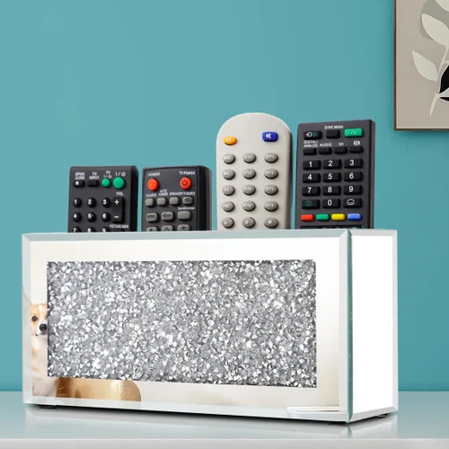 Miniatura 6 de Pibeyer Soporte de pared para control remoto con espejo, organizador remoto de diamante plateado aplastado, caja de almacenamiento decorativa
