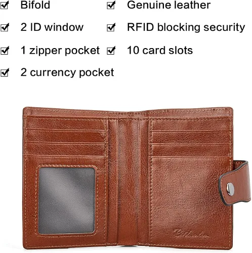 Miniatura 3 de BOSTANTEN - Billetera de cuero para mujer con bloqueo RFID, pequeña, con cremallera, de bolsillo, para tarjetas, con ventana para documento