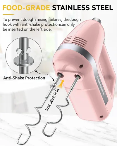 Miniatura 5 de Batidora de mano eléctrica, batidora de mano eléctrica potente de 300W con batidores 304, gancho para masa, batidora de mano con turbo para hornear