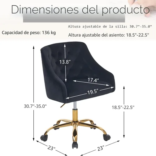 Miniatura 3 de MOJAY Silla Giratoria de Oficina de Terciopelo, Silla de Escritorio de Tela Elegante y Elegante con Detalles Dorados para Niñas, Silla de Recepción