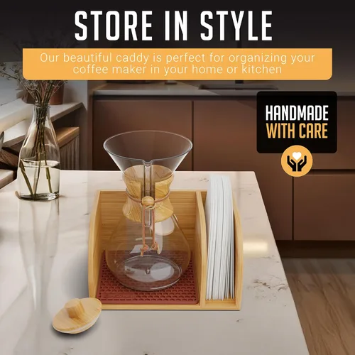 Miniatura 4 de HEXNUB Organizador y tapa para cafetera, soporte de bambú para jarras Chemex, Bodum, Cosori, tapete resistente al calor, soporte de filtro