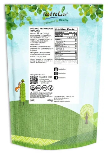Miniatura 2 de Mezcla orgánica antioxidante de frutos secos, 12 onzas, contiene moras, bayas de Goji, bayas doradas, semillas de calabaza, avellanas, anacardos.