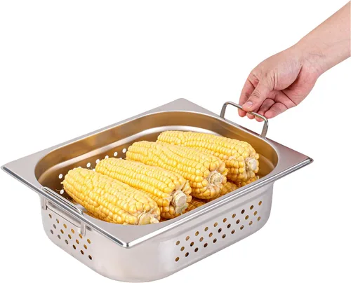 Miniatura 9 de Restaurantware Met Lux - Bandeja perforada para mesa de vapor, tamaño medio, 4 pulgadas de profundidad, asas plegables, antiatascos, acero