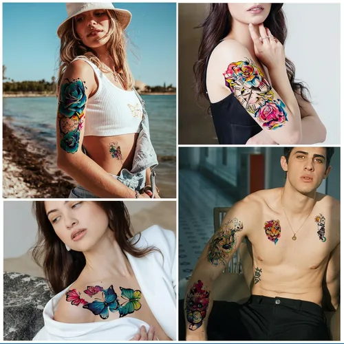 Miniatura 5 de Aresvns Tatuaje temporal de acuarela 3D para barbacoa, piscina, fiesta en la playa, 14 hojas de rosas, flores, mariposas, leones, tatuajes falsos