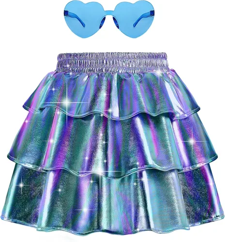 techcity Falda metálica brillante de 3 capas con volantes para niñas, ropa de disfraz de fiesta de baile para niñas de 4 a 13 años con gafas